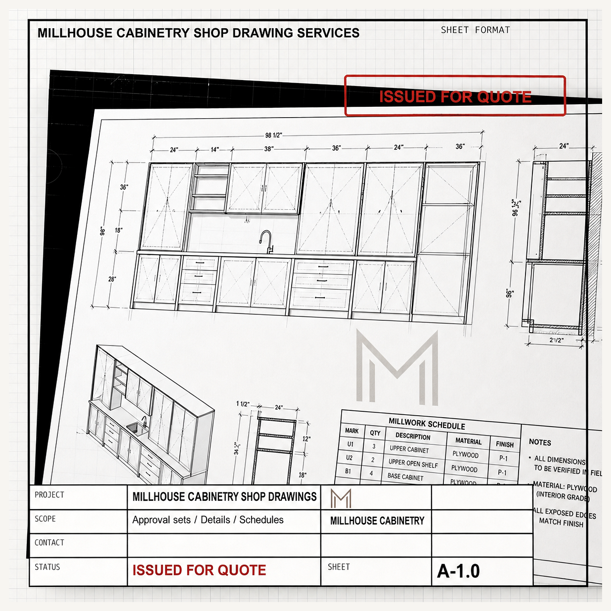 Example Millhouse cabinetry shop drawing with cabinet elevations, dimensions, a 3D view, and millwork schedule